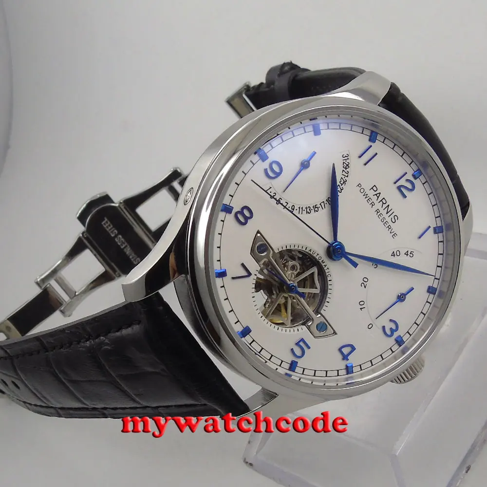 

43mm parnis white dial deployment clasp power reserve date automatic mens watch