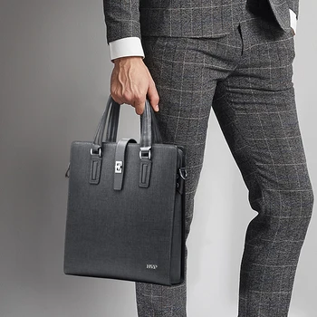 

High Quality BVP Brand Genuine Leather Business Men Briefcase With Shoulde Strap Cow Leather Gray Male Vertical Briefcase J50