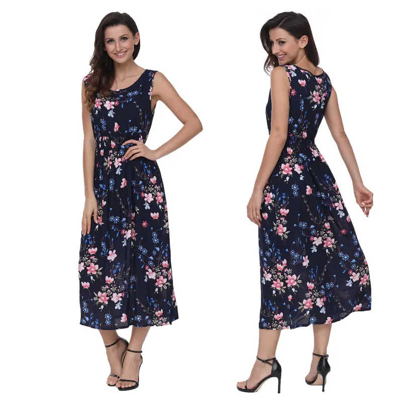 Susi&Rita Elegant Long Beach Dress Women Summer Floral Bohemian Dresses 2018 Casual Sleeveless Cotton Dress Vestidos Robe Femme
