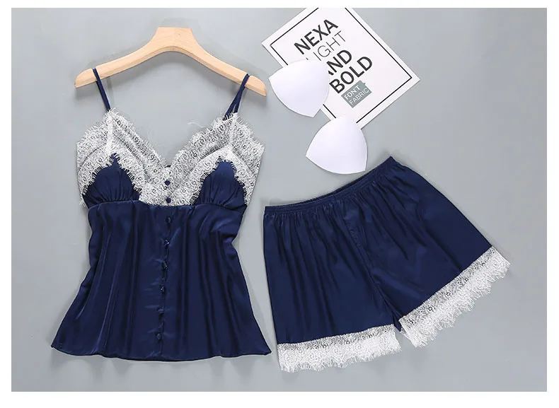 Queenral Pajama Sets Sexy Lingerie Pyjama Femme Summer Women's Sleep Lounge Silk Satin Sleepwear With Chest Pad Nightwear 9 (1)