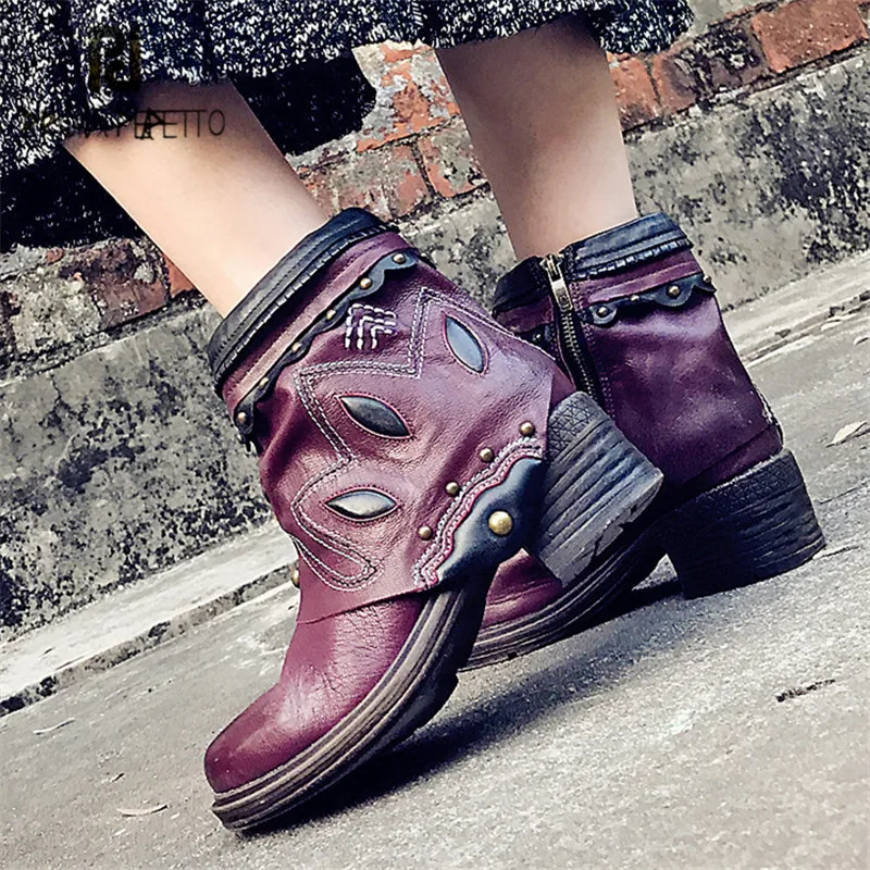 

Prova Perfetto Purple Women Ankle Boots Rivets Riding Boot Platform Rubber Shoes Female Ethnic Botas Mujer Short Booties