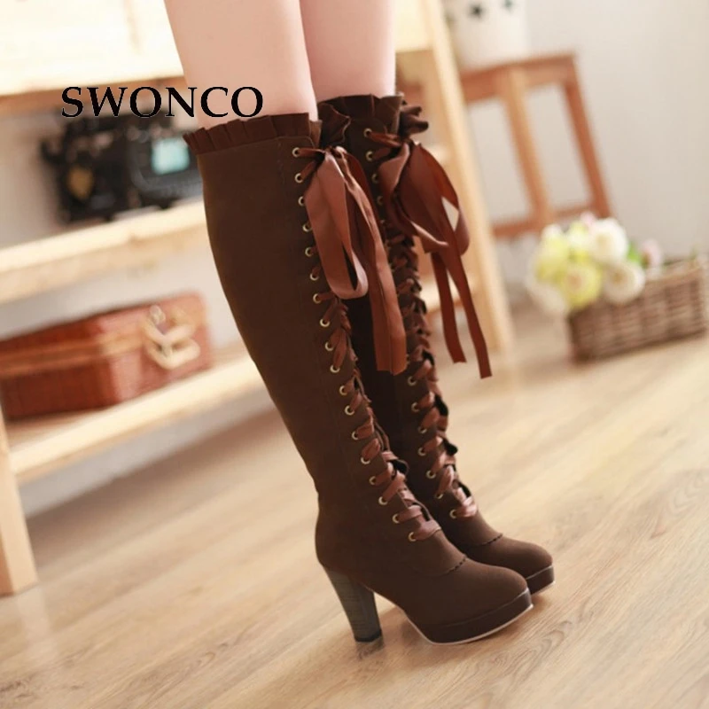 Winter on Shoes Lace-up Boots Suede Leather Over The Knee Boots High Heeled Thick Boot 