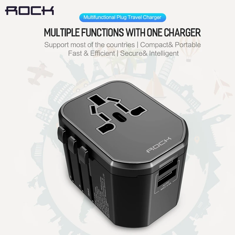 

Rock Multifunctional Plug Universal Travel Adapter USB 5V2.4A and EU US UK AU Plug Travel Power Adapter for Smartphone and PC