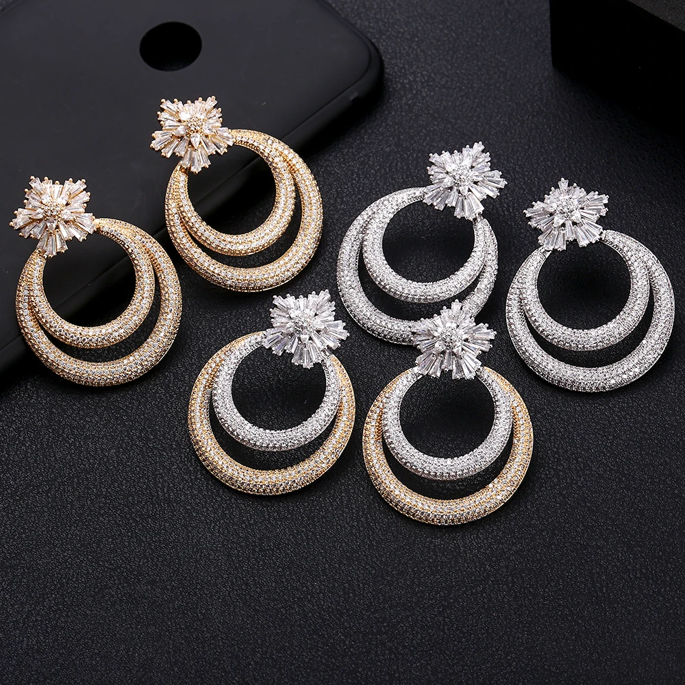 

jankelly Fashion Cubic Zirconia round shape Big Long Earring For Women Jewelry Wedding Brincos boucle d'oreille