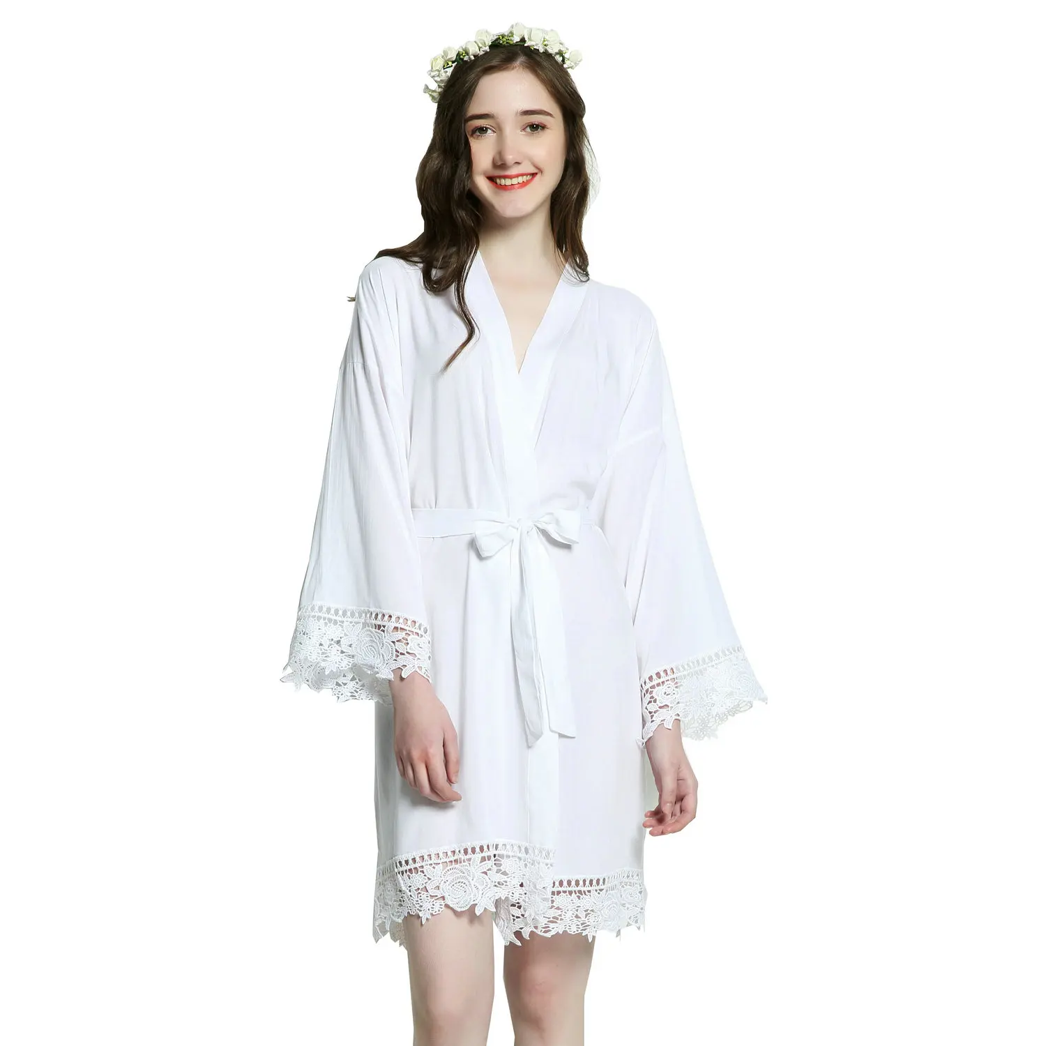 

2019 New Wedding Solid Bride Rayon Cotton Kimono Robes with Lace Trim Wedding Bridal Robe Short Belt Bathrobe Bridesmaid Robes