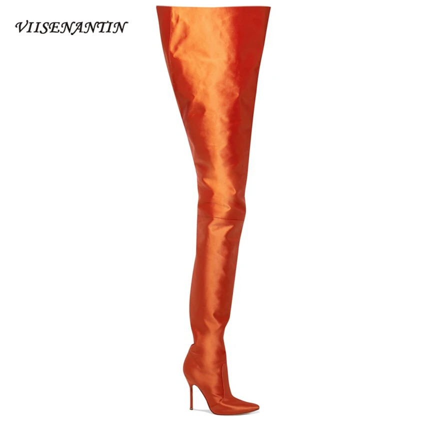 red satin thigh high boots