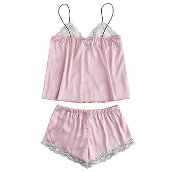 

feitong women and girl Lace Embroidered Silk Underwear And Shorts Strap Nightwear Lace Trim Satin Cami Top #w1235