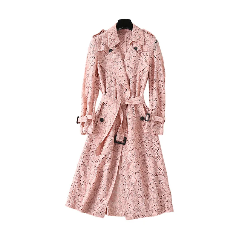Женский высококачественный двубортный кружевной Тренч, весна, брендовый дизайн, с поясом, ветровка, пальто A266