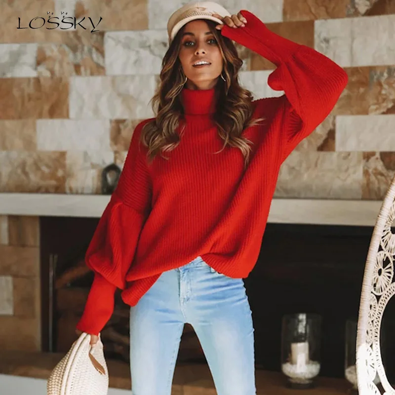 

Lossky Women Knitted Sweater Turtleneck Long Sleeve Tops Autumn Winter Lantern Sleeves Yellow Loose Pullovers Sweet Soft Sweater