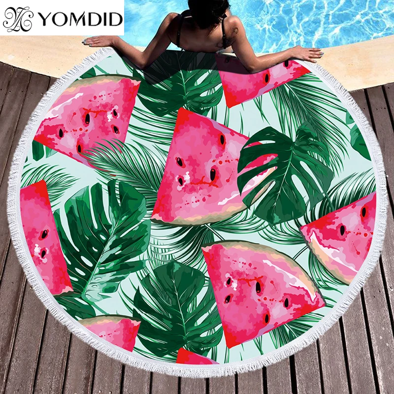 

Watermelon Pineapple Printed Microfiber Fabric Beach Towels Round Beach Towel With White Tassel Beach Shower Shawl Towels 150cm