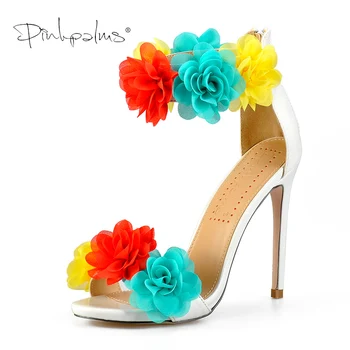 

Pink Palms Summer Shoes for Women High Heels Sandals Colorful Bouquet of Flower Classic Applique Sandals Boutique Floral Heels