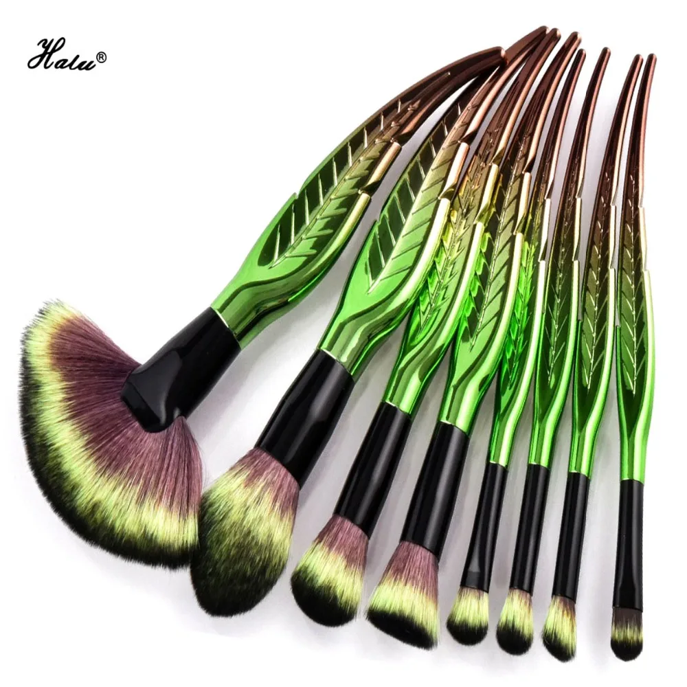 

Halu Professional Green Leaf Foundation Makeup Brushes Set 8/10pcs Cosmetic Big Fan Eyeshadow Concealer Mermaid Brushes Set