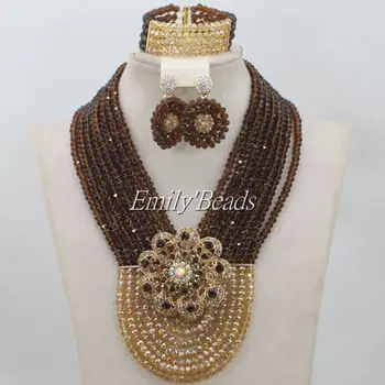

Gold Women African Costume Jewelry Set Nigerian Wedding African Beads Jewelry Set Crystal Necklace New Free Shipping AIJ255