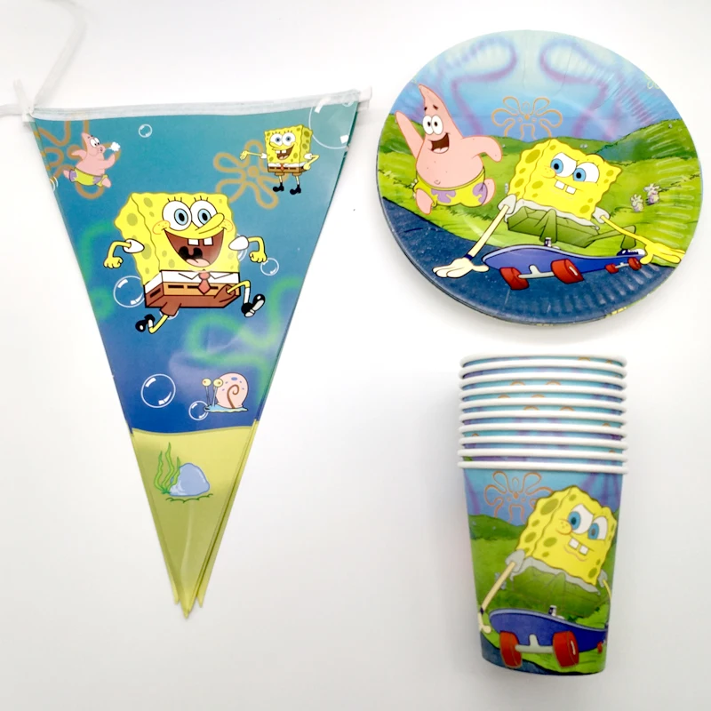 

50pcs/lot Boys Favors Cups Decoration Spongebob Theme Banner Birthday Party Plates Glass Dishes Baby Shower Paperboard Flags