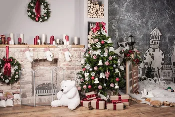 

VinylBDS Photography Backdrops For Christmas Wood Floor Brick Stove Cute Bear Photo Studio Background For Children