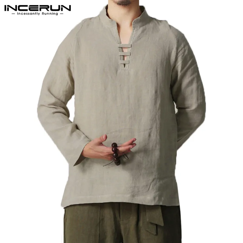 INCERUN размера плюс, китайский стиль, мужские рубашки с длинным рукавом, облегающие рубашки с v-образным вырезом, блузка из хлопка и льна, топы, Camisa Masculina 5XL