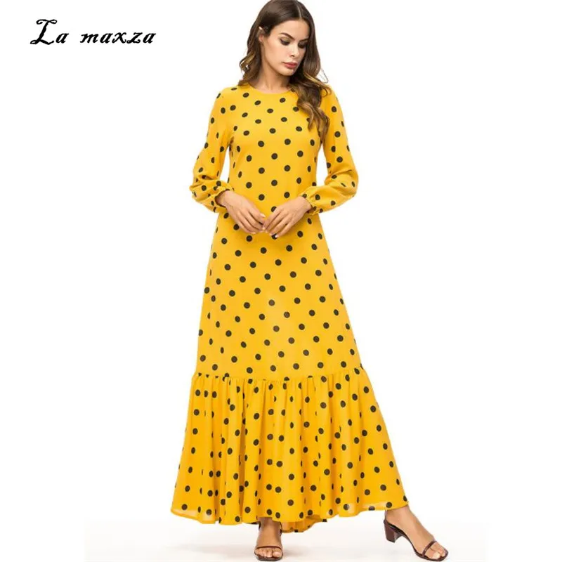 

Abaya Maxi Dress Muslim Dot Yellow Robe Musulmane Longue Islamic Dubai Muslim Modest Dress