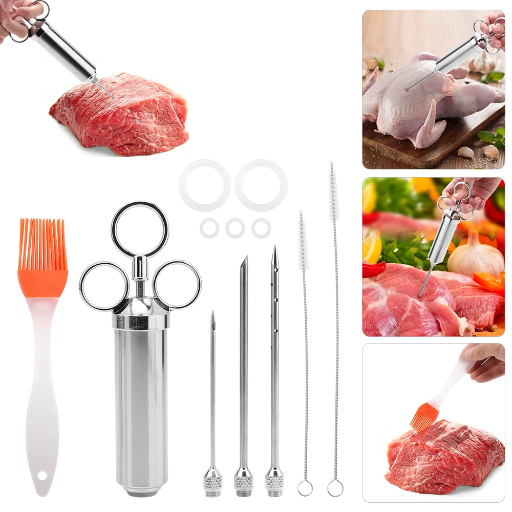 

Stainless Steel Meat Injector Syringe 2 Oz Meat Marinade Injector 3 Needles BBQ Oil Brush Cleaning Brush Kitchen Cooking Tools