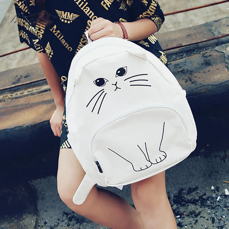 Funny Cartoon Cat Women Backpack Canvas Cute Cat Backpack Female Student Girl Rucksack Mochila