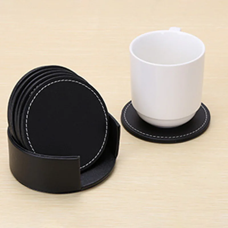 

7pcs Leather Coaster KItchen Tools Slip Insulated Waterproof Cup Mat Drink Water Tea Table Decoration Square Round