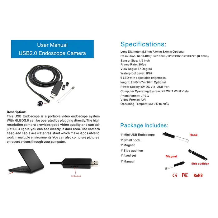 Lensoul для Оконные рамы компьютер 5 м 5 мм USB эндоскопа Водонепроницаемый бороскоп инспекции труб змеи видеокамеры