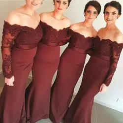 Бордовые, с длинными рукавами подружкам невесты с открытыми плечами блестками кружево Русалка Длинные Свадебная вечеринка платья 2018