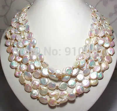 

54013>6 Strand Luster White Rainbow Coin Freshwater Pearl Necklace14K GP Shell