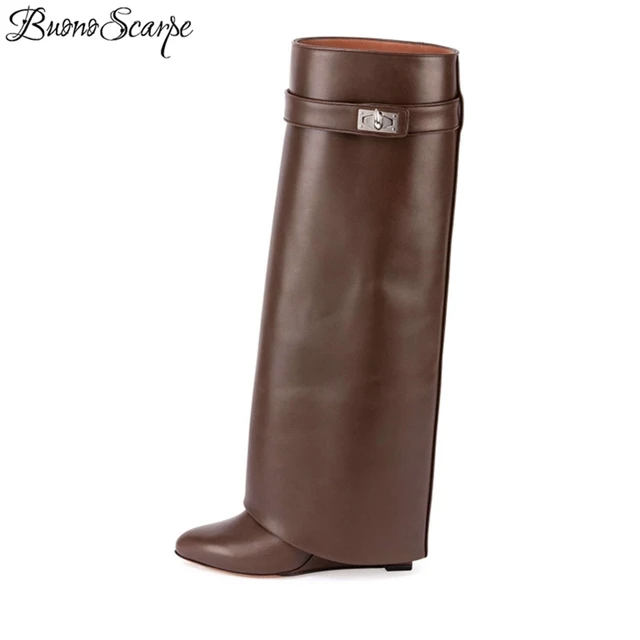 BuonoScarpe-Botas de cuña con cierre de tiburón para mujer, Botines de tacón con punta en pico hasta la rodilla, con cuña negra, Botas Largas, talla grande BuonoScarpe-Botas de cuña con cierre de tiburón para mujer, Botines de tacón con punta en pico hasta la rodilla, con cuña negra, Botas Largas, talla grande