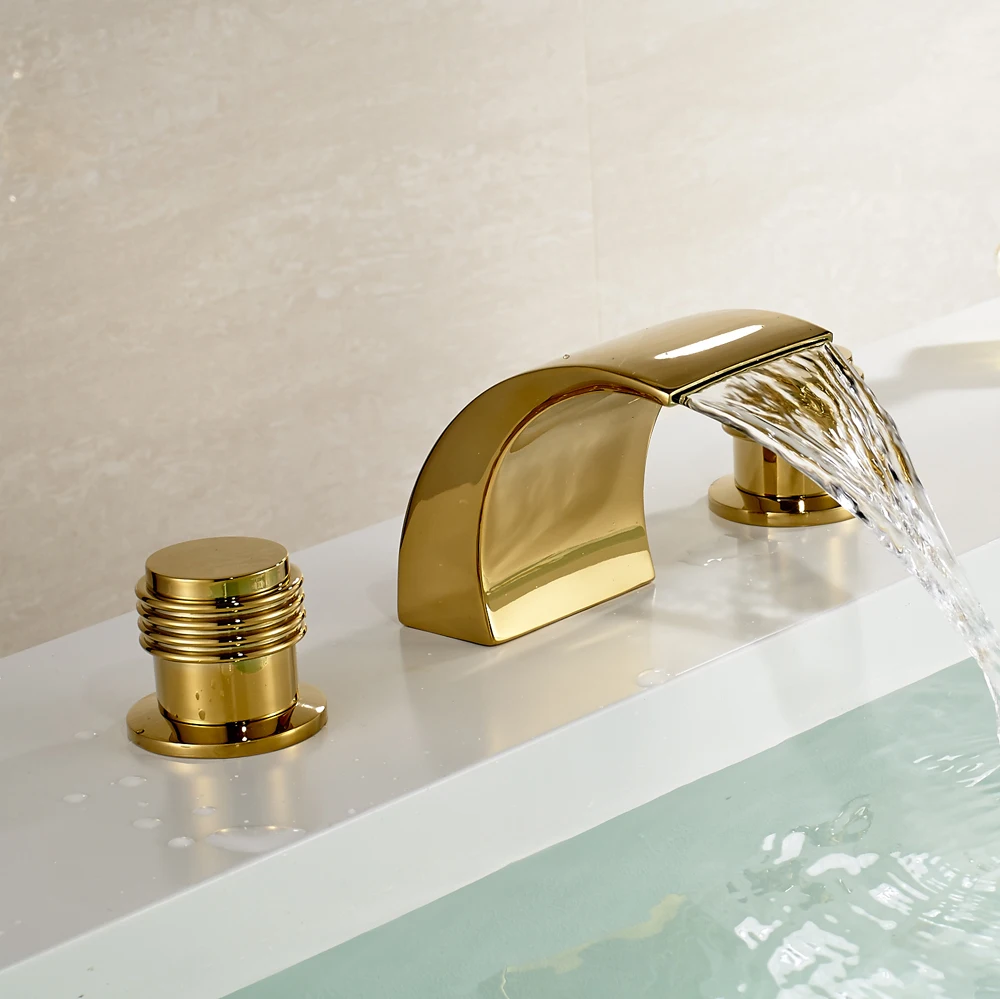 Водопад Ванная раковина смеситель широко распространенный кран для бассейнов золото полированный