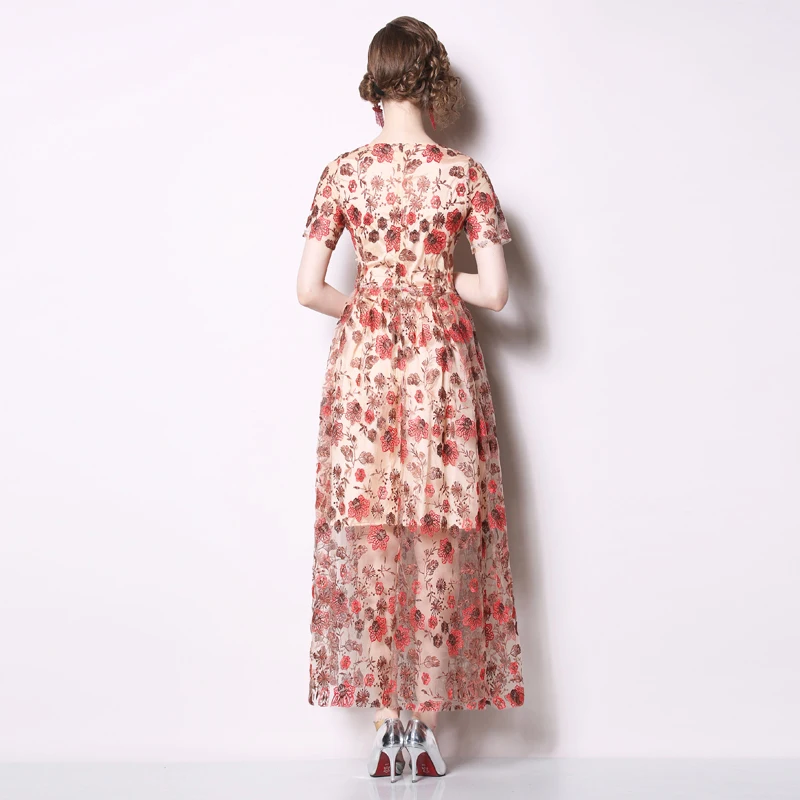 Новое летнее женское модное Кружевное платье миди с цветочной вышивкой и коротким рукавом, офисное красное платье с круглым вырезом, горячая Распродажа D94908K