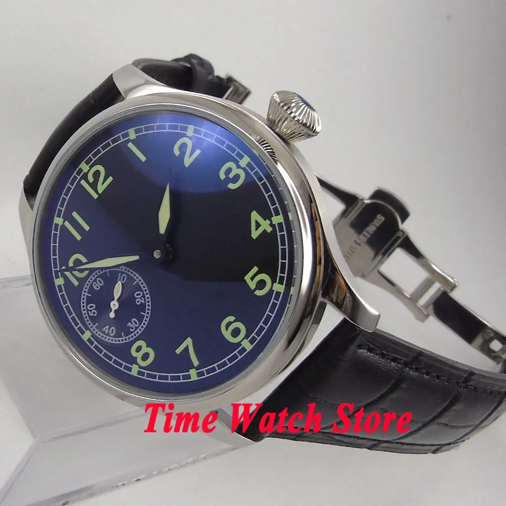 

Parnis 44mm 6497 hand winding Men's watch black sterial dial green marks deployant clasp leather strap P5
