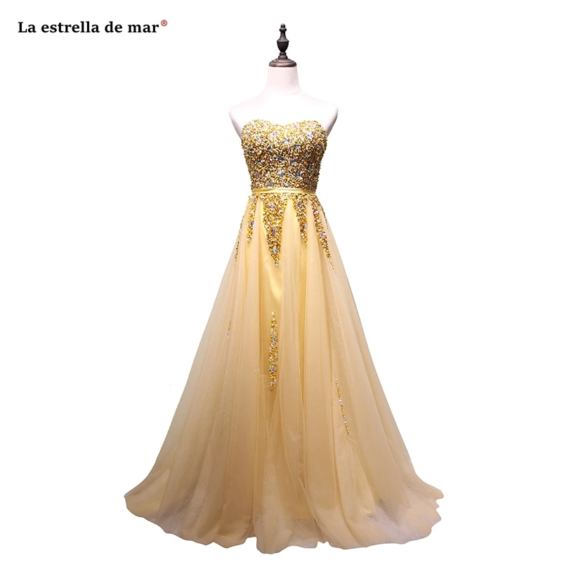 Vestido madrinha longo2019 Новый Тюль Кристалл сексуальный красивый на бретелях ТРАПЕЦИЕВИДНОЕ Золотое платье подружки невесты Роскошная Гаун песта