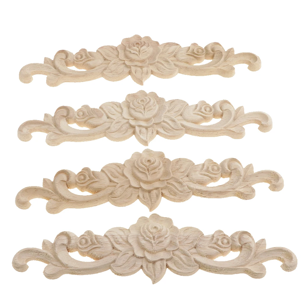 4pcs Retro Unpainted Floral Wood Carved Decal Corner Applique Frame For Home Furniture Wall Cabinet Door Decor