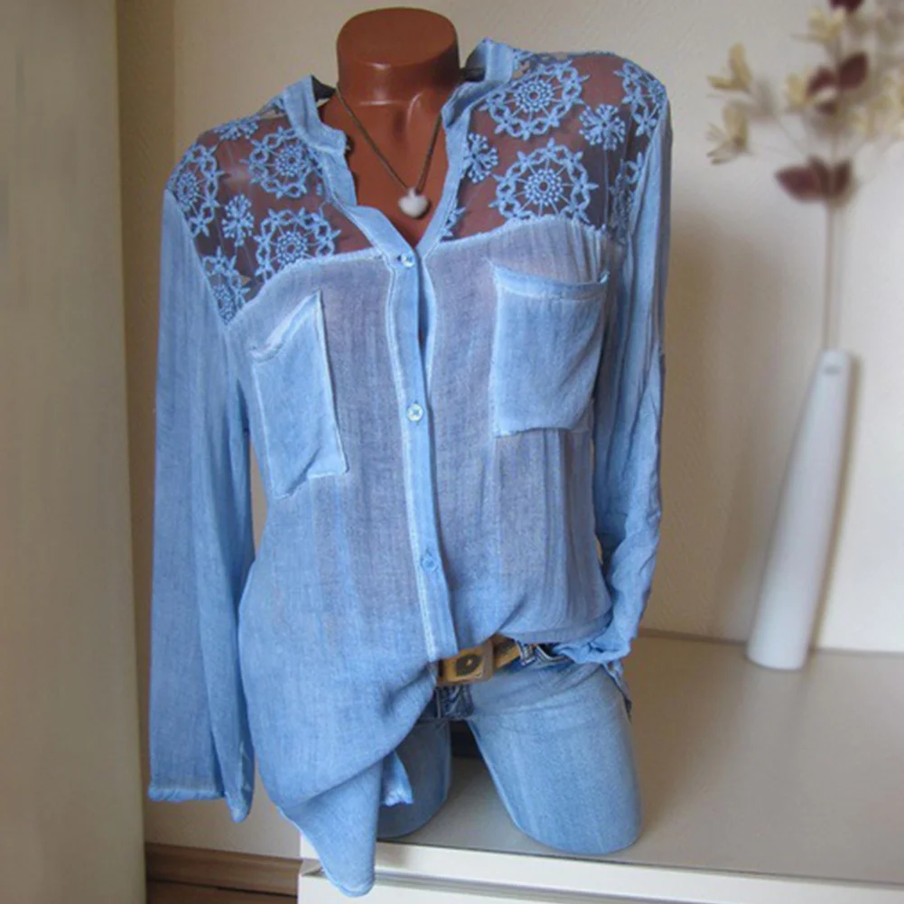 

Women Loose Autumn Shirt Fabala Basic Tops Blouse Button-down Long Sleeve Y-neck Casual Lace