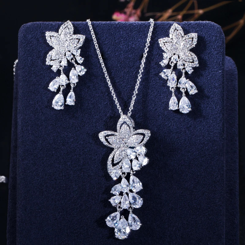 CWWZircons 2020 New Arrival Cubic Zirconia Tassel Drop Flower Earrings and Pendant Necklace Fashion Ladies Jewelry Sets T334