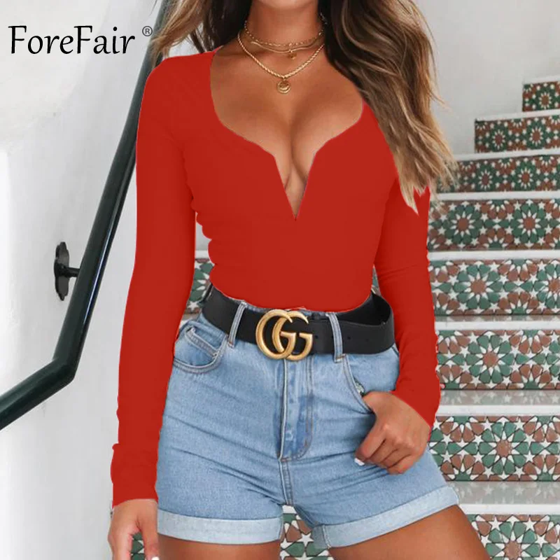 Forefair Long Sleeve Sexy Bodysuit Black Red White V Neck Streetwear Fashion Club Body Suit Bodycon Jumpsuit Women