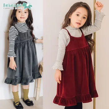 

Korea Autumn Girls VELVET SLING Dress Set Long Striped T-shirt Children's Suit