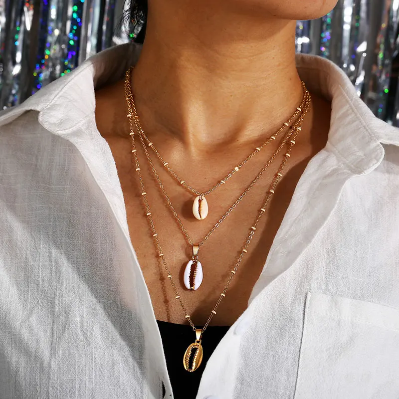 

Three Layers of Shell Pendant Necklace Natural Shell Gold Cowrie Women Best Friend Cowry Seashell Necklace Bohemian Jewelry