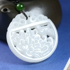 

Genuine natural and Hetian stone pendant carved white hollow peony necklace retro men and women JADES jewelry