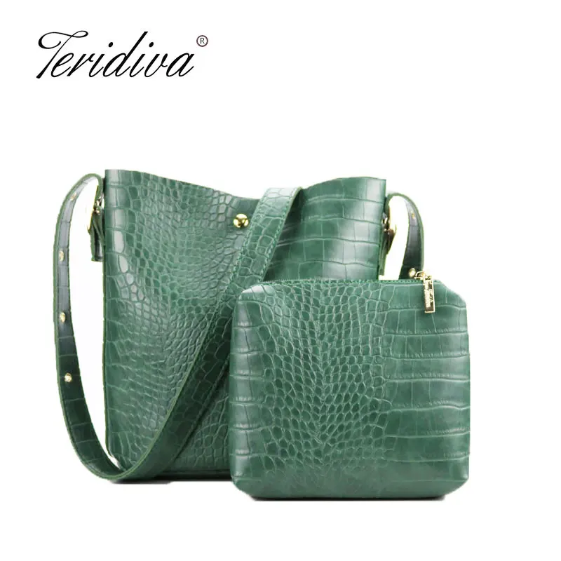 

Teridiva New Small Bucket Handbag Women Crocodile Shoulder Bags Composite Bag Women Pu Leather Handbags Vintage Alligator Bags