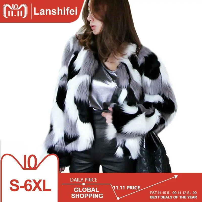 Plus Size S 6XL Women Mixed Color Faux Fur Coat Fluffy Winter Casual Fur Jacket Elegant Shaggy 