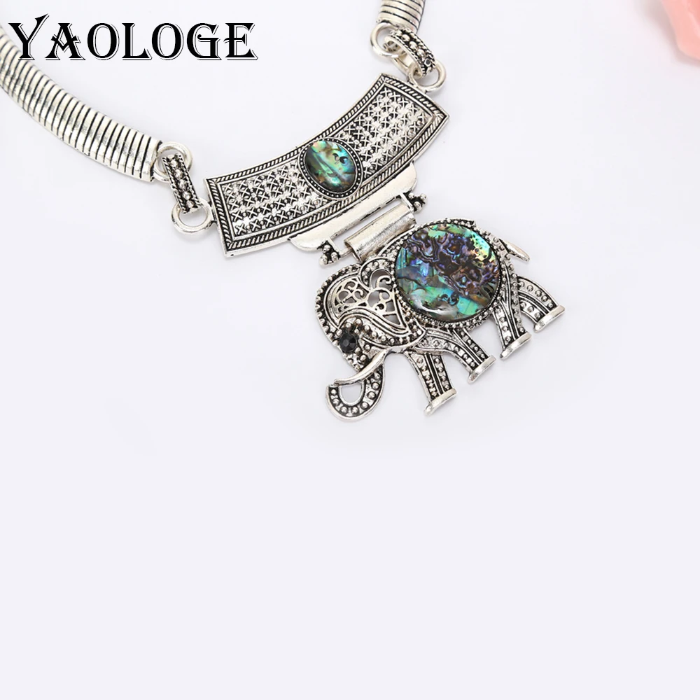 

YAOLOGE Ethnic Metal Torques Animal Choker Elephant Owl Necklace Exquisite Shell Mosaic Vintage Statement Jewelry For Women Gift