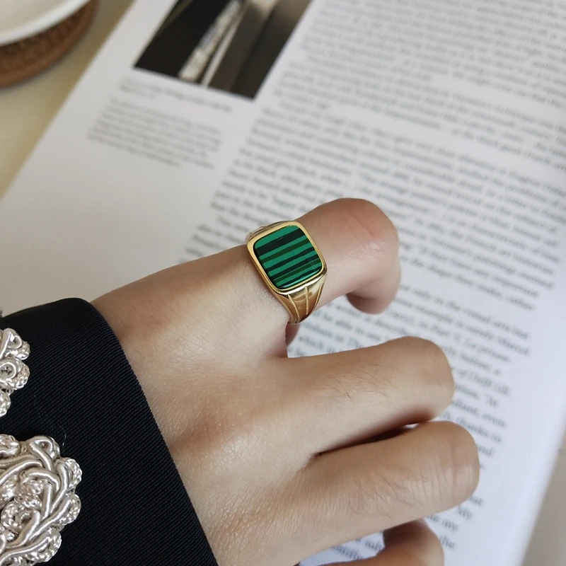 

925 Sterling Silver Square Malachite Rings Classic Design Elegant Open Rings for Women Wedding Festival Party 18K Gold Jewelry