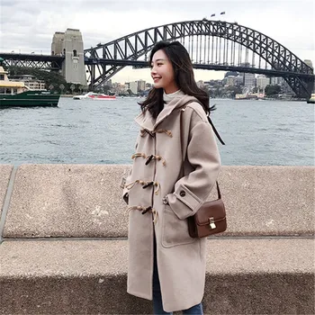

Female Woolen coat Long Sleeve Hooded Warm Horn Button Outerwear Coat Women Solid Lovely All-match Korean Style Ladies Overcoat