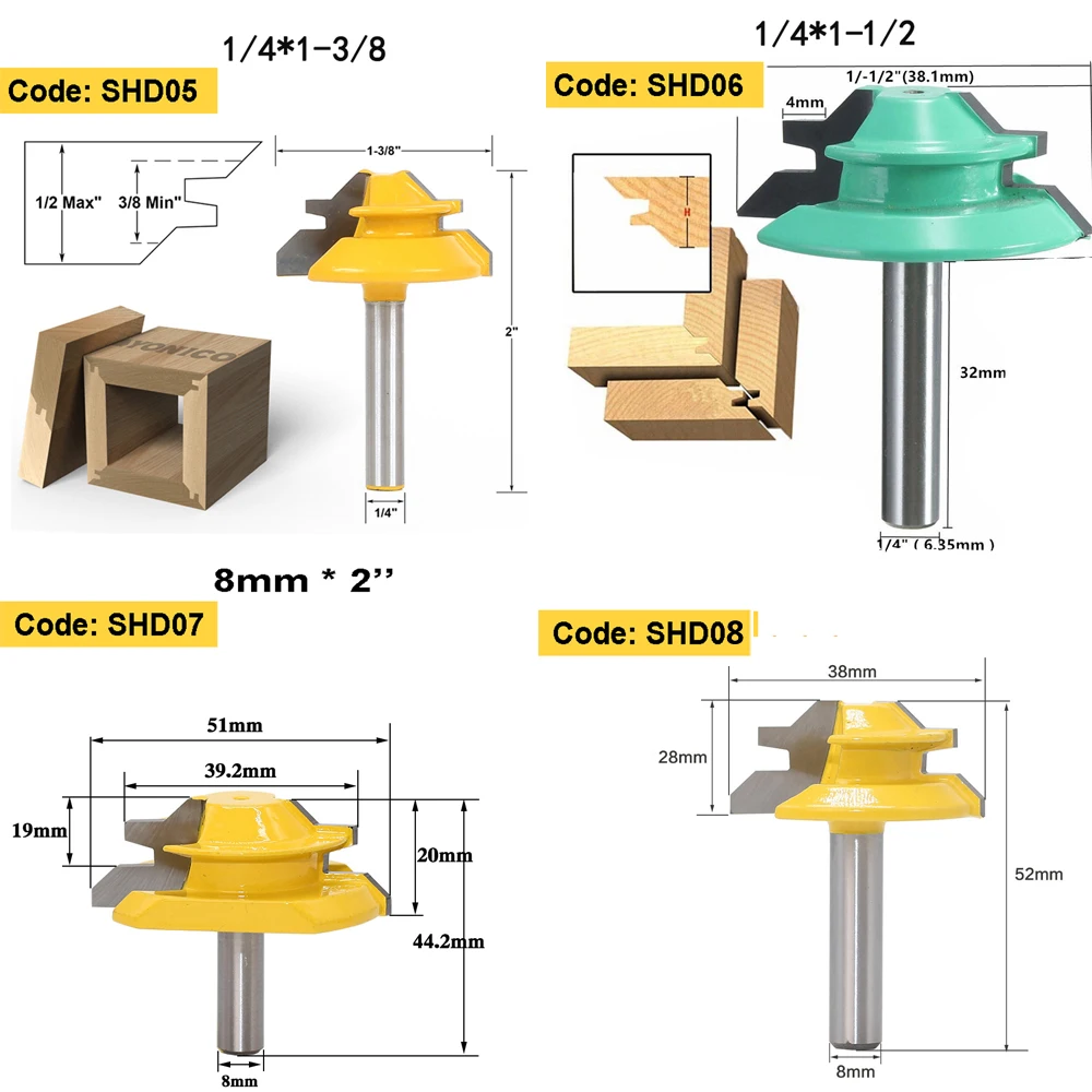 1 шт. 8 мм 1/4 маленький замок Торцовочная фреза анти-Магарыч 45 градусов 1/2 дюймов хвостовик фреза для плотничьи инструменты для работы с деревом нож