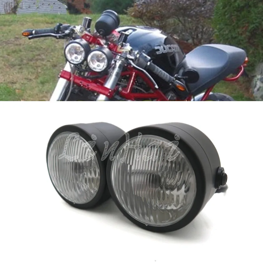 Street Fighter Motorcycle Racing Bike 3.5/" Black Twin Dual Dominator Headlight