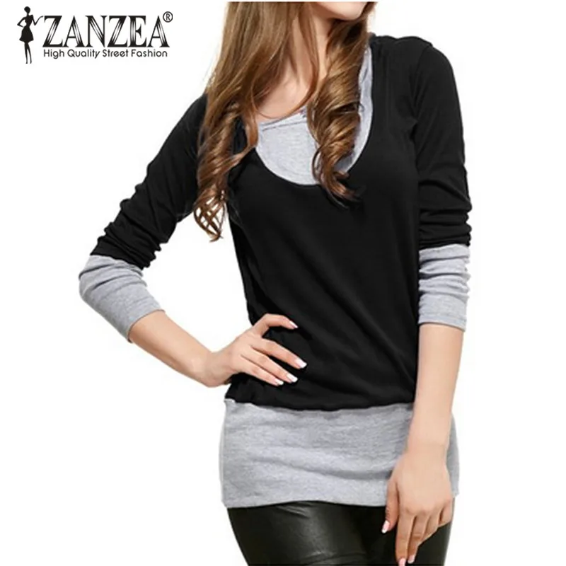 ZANZEA 2018 Autumn Fake 2 Pieces Women Hoodies Sweatshirt