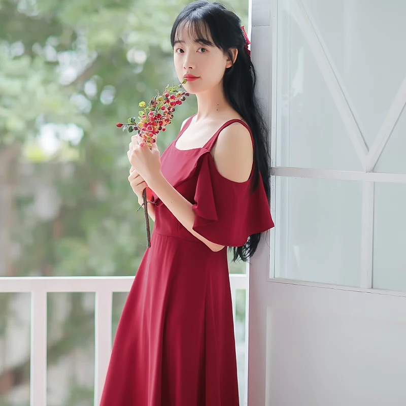 

The new 2019 chun xia small pure and fresh and strapless red ruffled chiffon restoring ancient ways