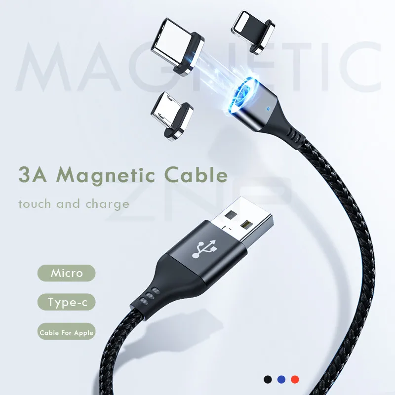 ZNP كابل مغناطيسي المصغّر usb نوع C كابل ل فون الإضاءة 1 M 3A سريع شحن سلك نوع-C المغناطيس شاحن الهاتف كابل