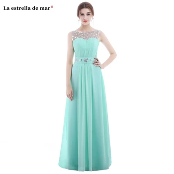 

Vestido de madrinha2019 new Scoop neck chiffon crystal A Line Mint green bridesmaid dress long plus size wedding guest gown
